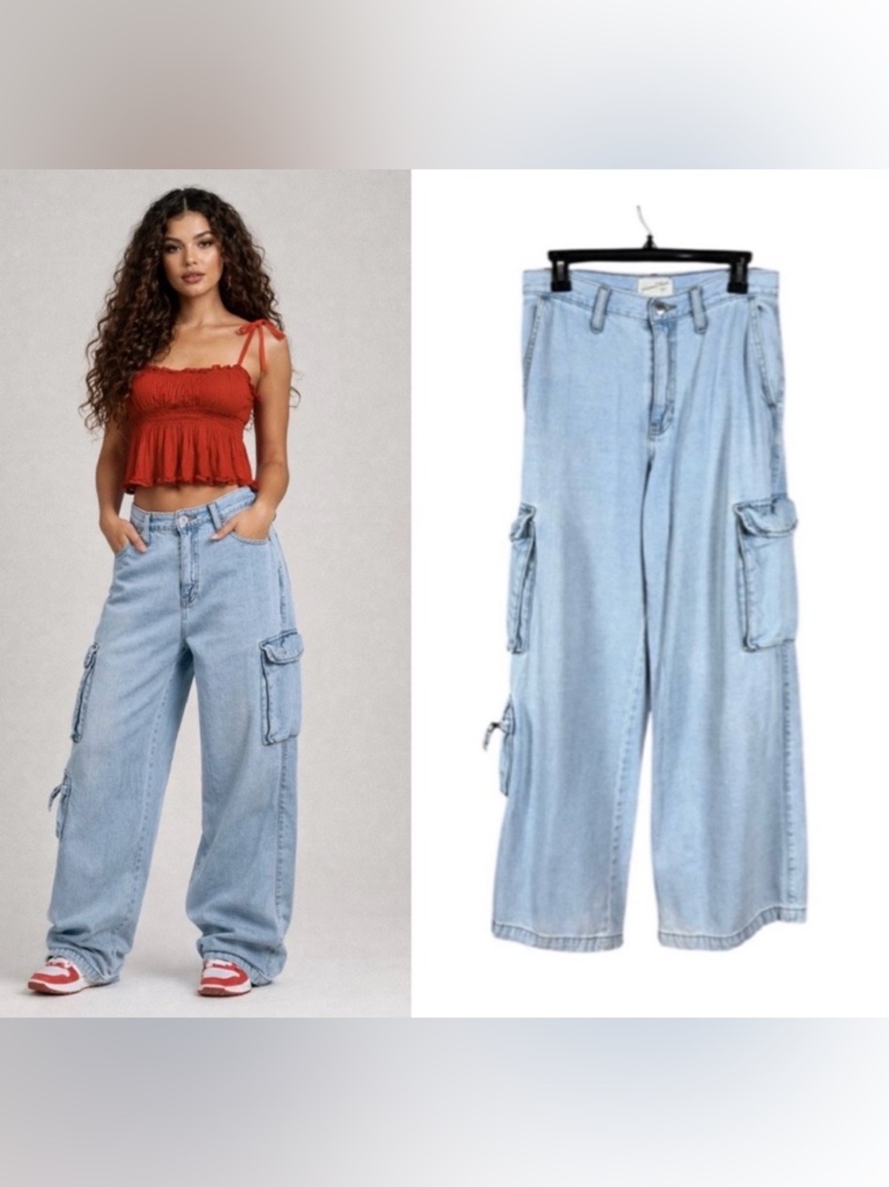 Y2K Womens Baggy Cargo Jeans Size 8 Wide Leg Grunge Bohemian Festival Streetwear